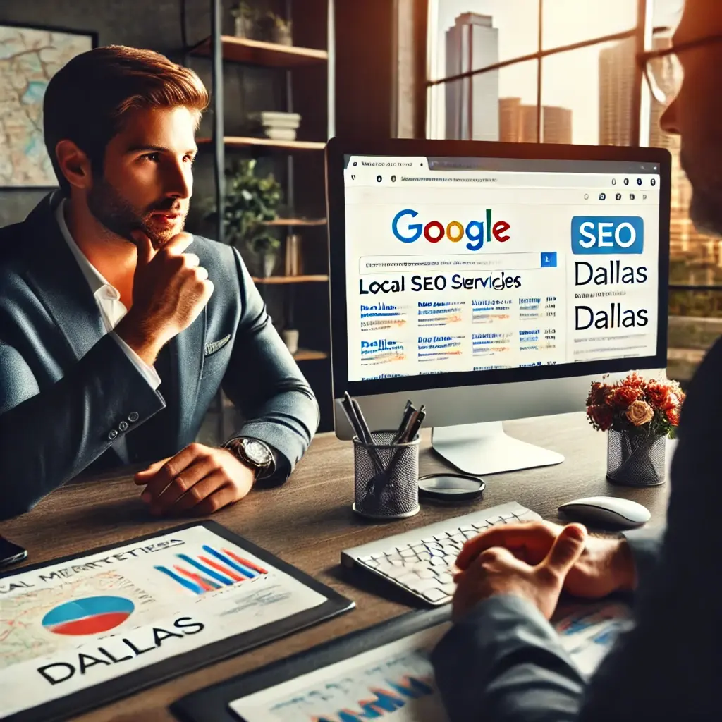 Two men discuss local SEO in Dallas.
