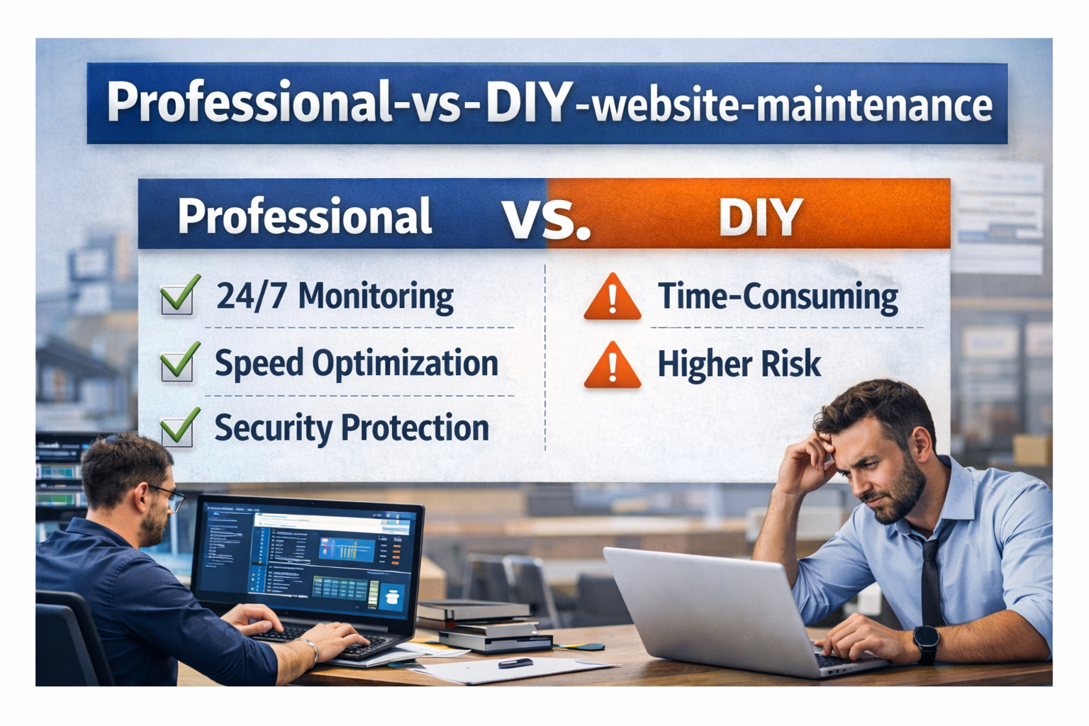 Professional website maintenance vs DIY showing monitoring speed optimization security and expert support